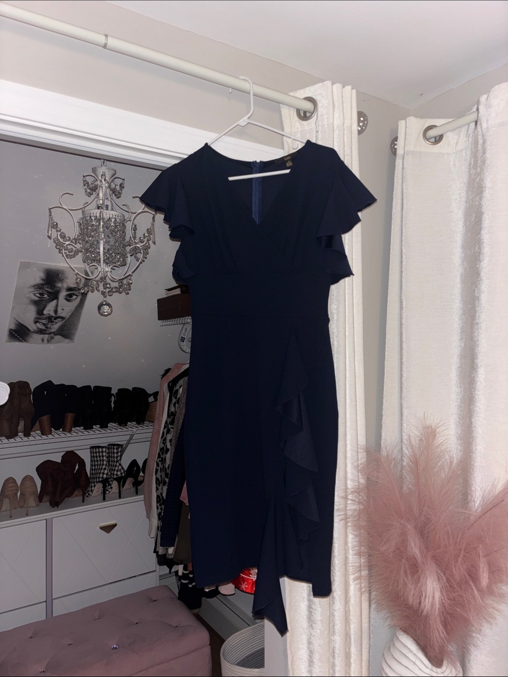Elegant Navy Ruffle Wrap Midi Dress